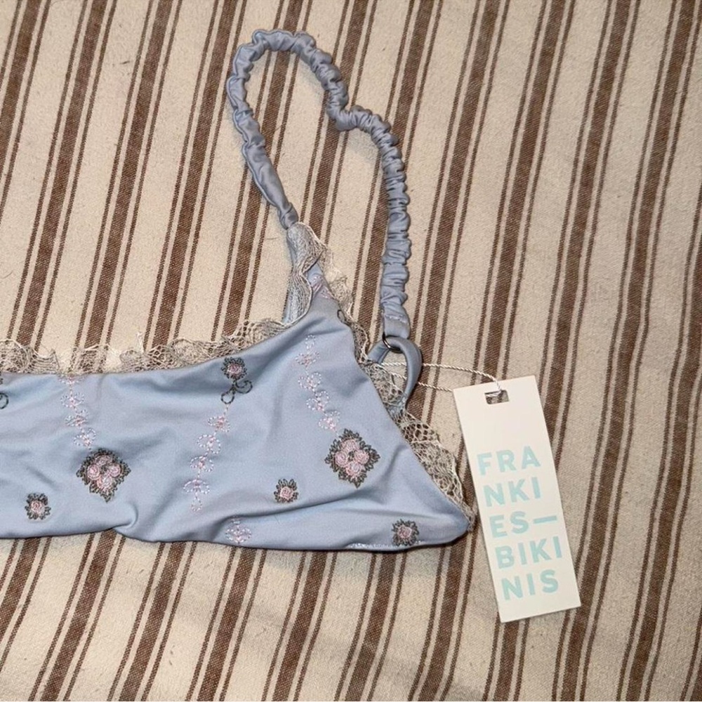 [SOLD] Frankie's Bikinis Light Blue Floral Lace Bikini Top